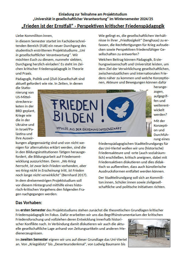 Ankündigungs-Flugblatt zum Projektstudium ab WiSe 24/25